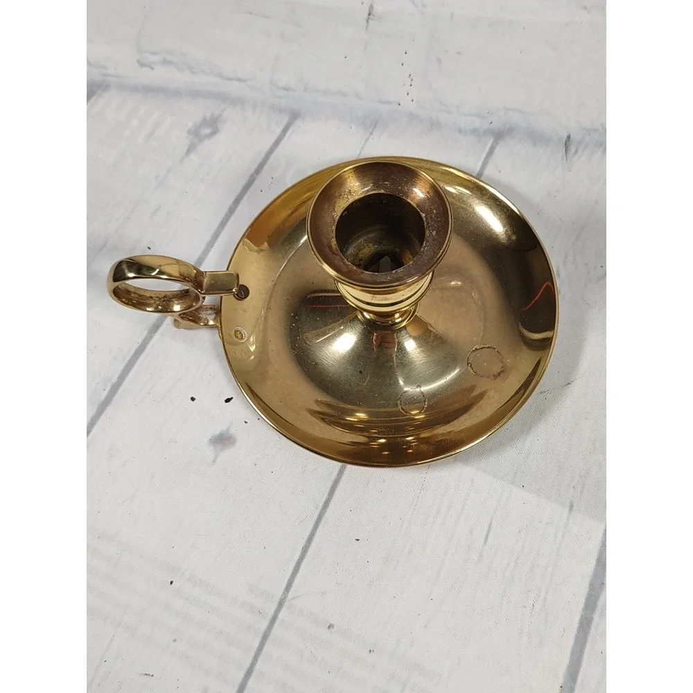 Vintage Solid Brass Chamberstick Candle Holder with Finger Loop Handle Gold Tone